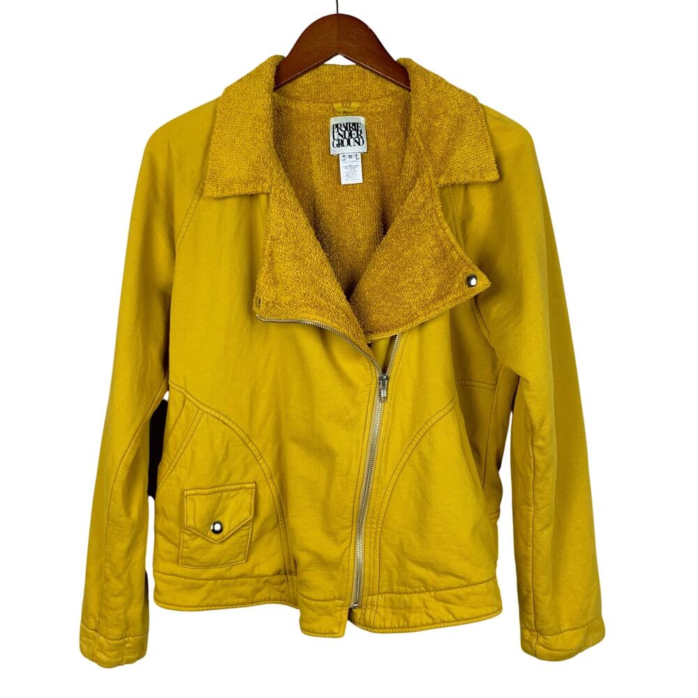 Prairie Underground Moto Jacket Yellow Sweatshirt Fleece Lined Pockets Women's S